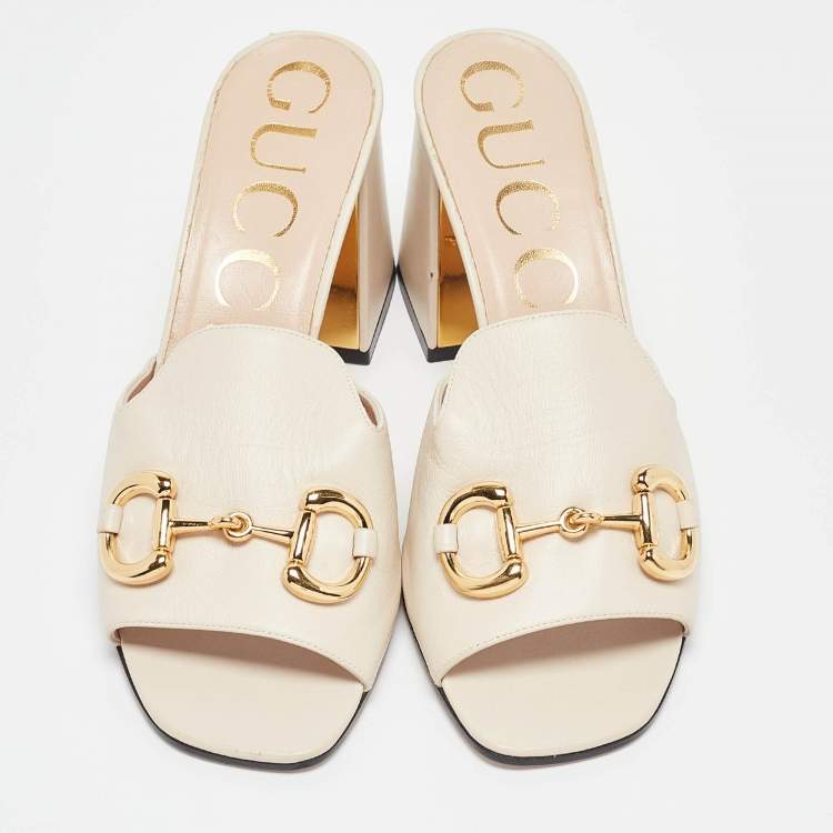 Pre Owned Gucci Cream Leather Horsebit Slide Sandals Size 39.5
