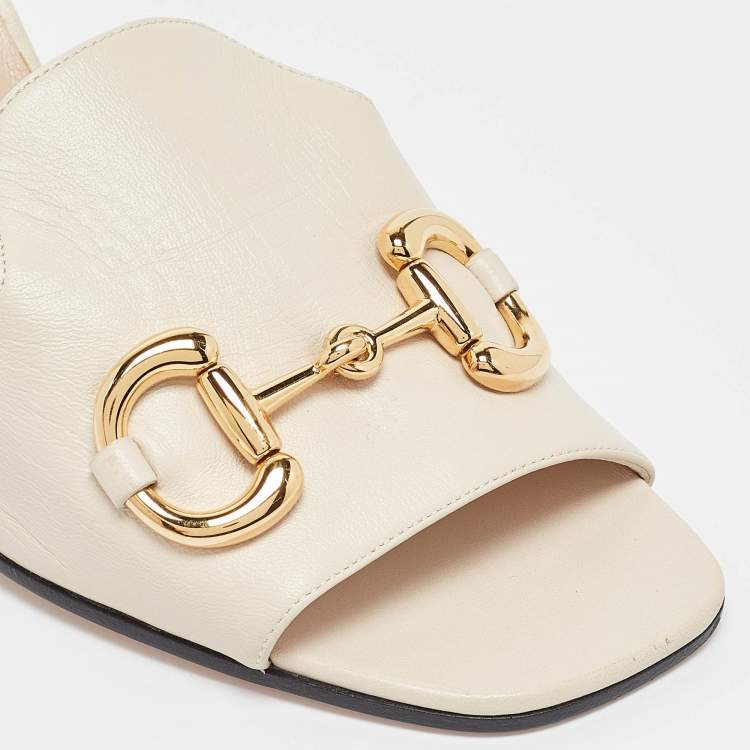 Pre Owned Gucci Cream Leather Horsebit Slide Sandals Size 39.5