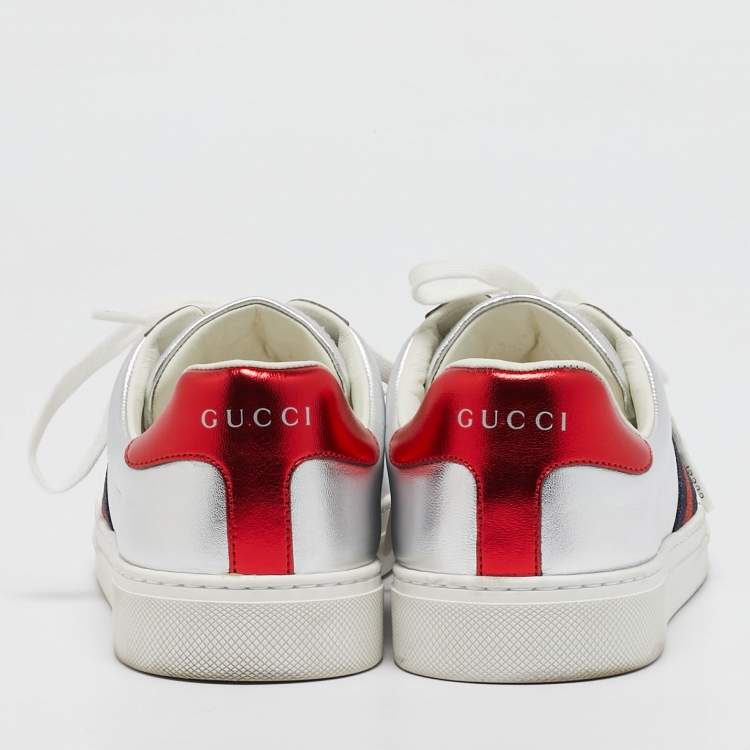 Pre Owned Gucci Silver Leather Web Ace Sneakers Size 37.5