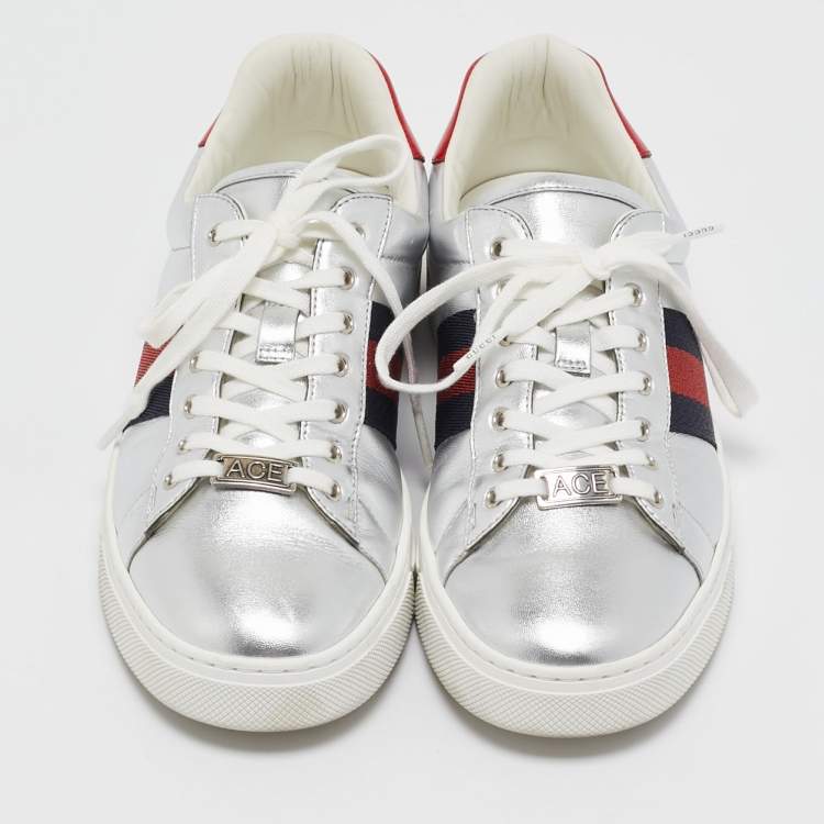 Pre Owned Gucci Silver Leather Web Ace Sneakers Size 37.5