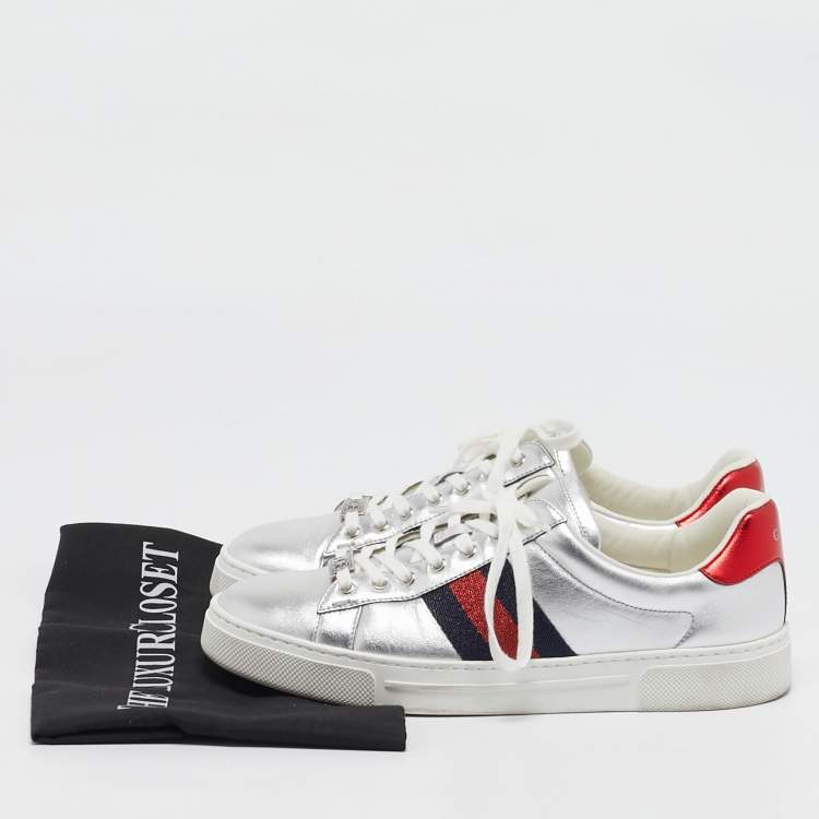 Pre Owned Gucci Silver Leather Web Ace Sneakers Size 37.5