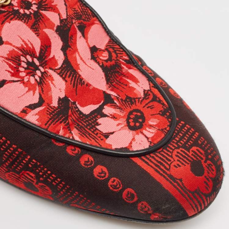 Pre Owned Gucci Red Floral Jacquard Princetown Flat Mules Size 41