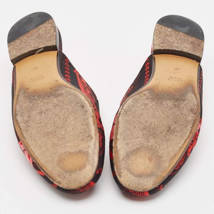 Pre Owned Gucci Red Floral Jacquard Princetown Flat Mules Size 41