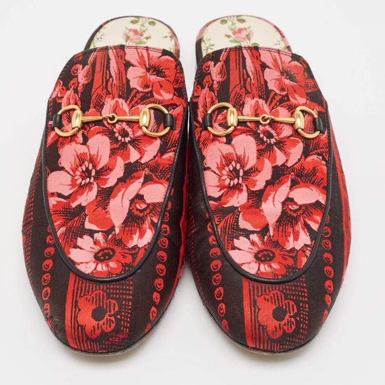Pre Owned Gucci Red Floral Jacquard Princetown Flat Mules Size 41