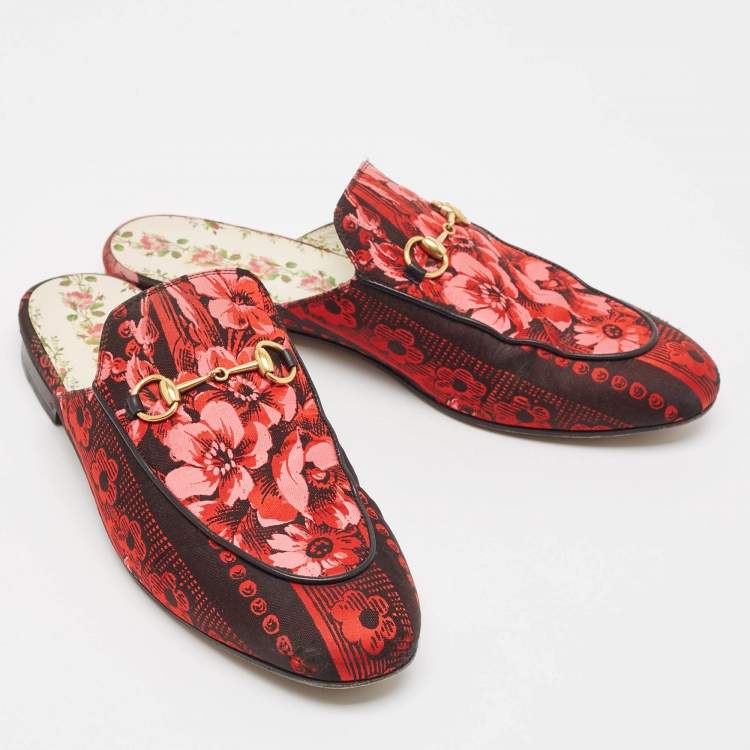 Pre Owned Gucci Red Floral Jacquard Princetown Flat Mules Size 41