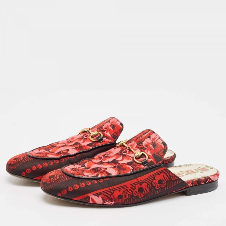 Pre Owned Gucci Red Floral Jacquard Princetown Flat Mules Size 41