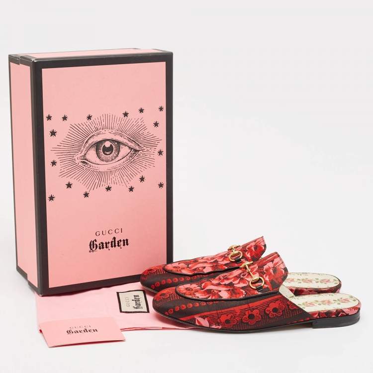 Pre Owned Gucci Red Floral Jacquard Princetown Flat Mules Size 41