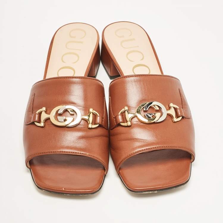 Pre Owned Gucci Brown Leather Zumi Slide Sandals Size 40.5