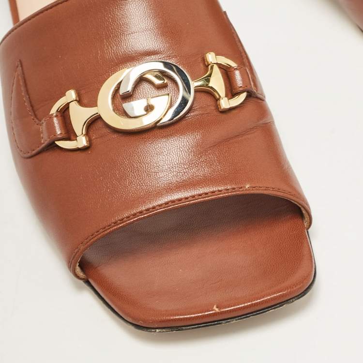 Pre Owned Gucci Brown Leather Zumi Slide Sandals Size 40.5