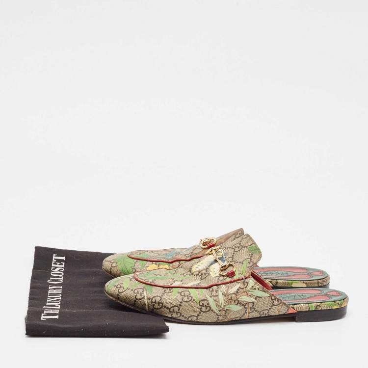 مملوكة مسبقًا Gucci Brown/Beige GG Supreme Canvas Tian Print Princetown Flat Mules Size 41