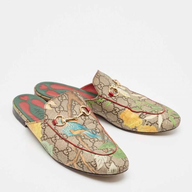مملوكة مسبقًا Gucci Brown/Beige GG Supreme Canvas Tian Print Princetown Flat Mules Size 41