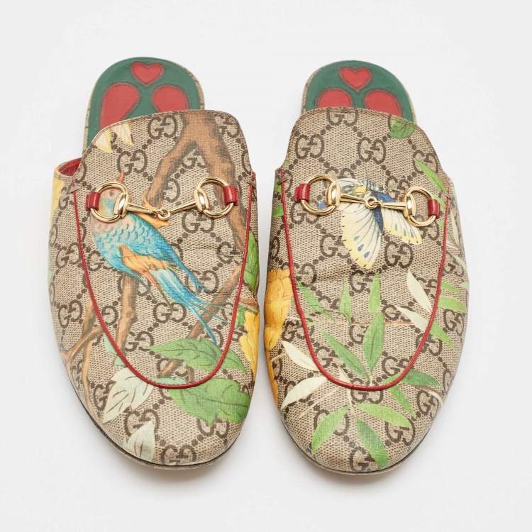 مملوكة مسبقًا Gucci Brown/Beige GG Supreme Canvas Tian Print Princetown Flat Mules Size 41
