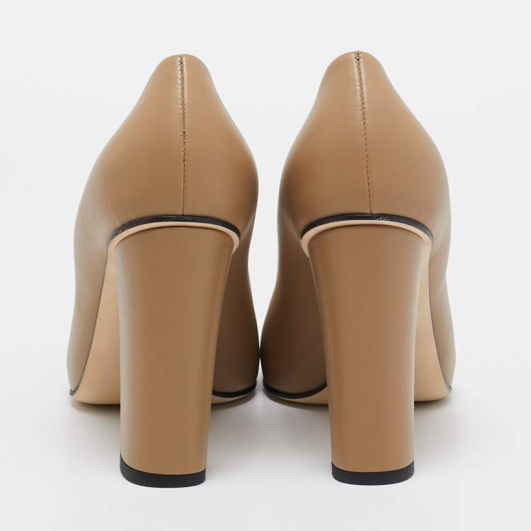 Pre Owned Gucci Beige Leather Horsebit Block Heel Pumps Size 39