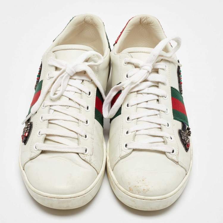 Pre Owned Gucci White Leather Arrow Embellished Ace Low Top Sneakers Size 39