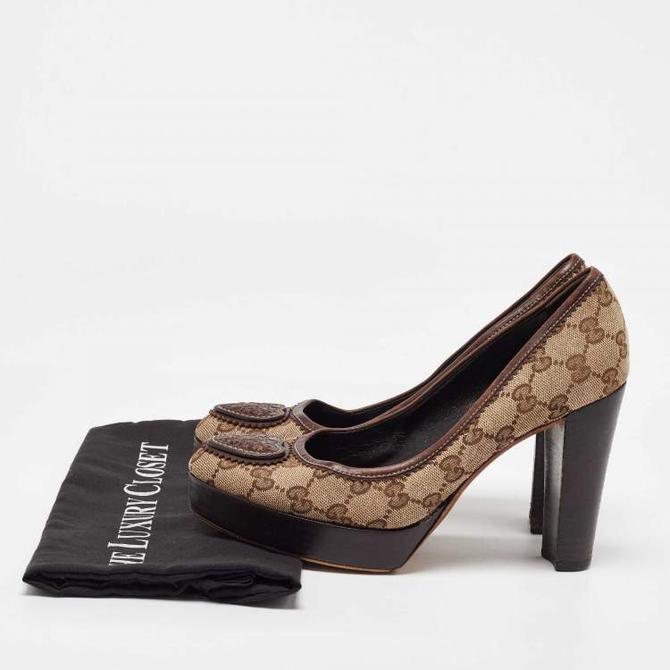 Pre Owned Gucci Beige/Brown GG Canvas and Leather Platform Pumps Size 38.5