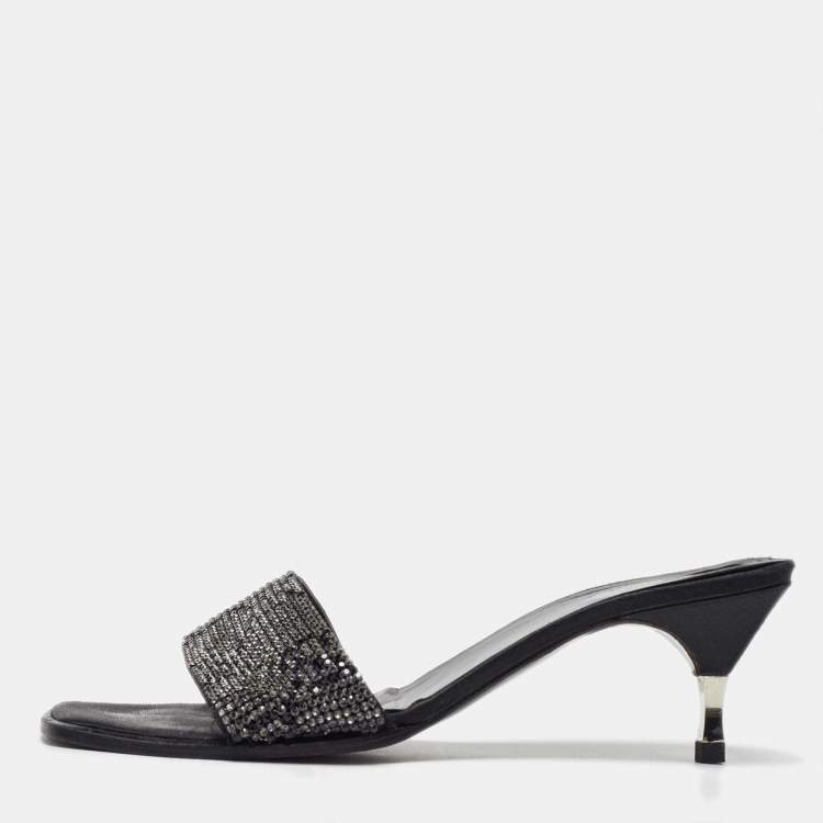 Pre Owned Gucci Black Fabric Crystal Embellished Slide Sandals Size 38.5