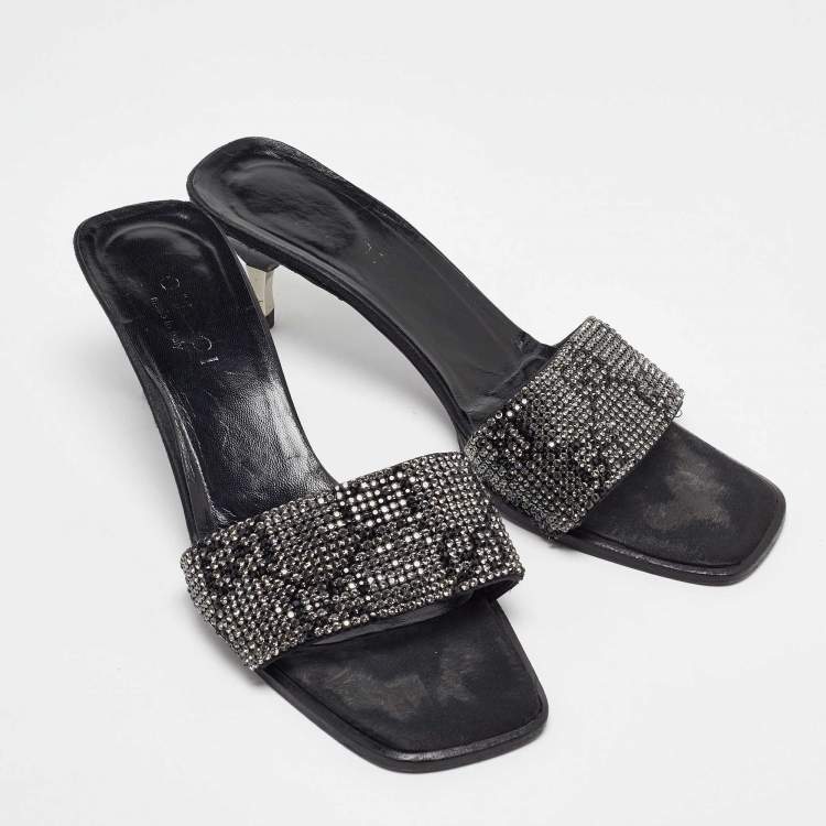 Pre Owned Gucci Black Fabric Crystal Embellished Slide Sandals Size 38.5