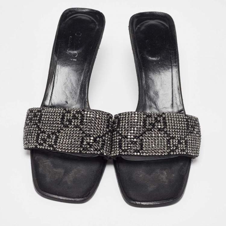 Pre Owned Gucci Black Fabric Crystal Embellished Slide Sandals Size 38.5