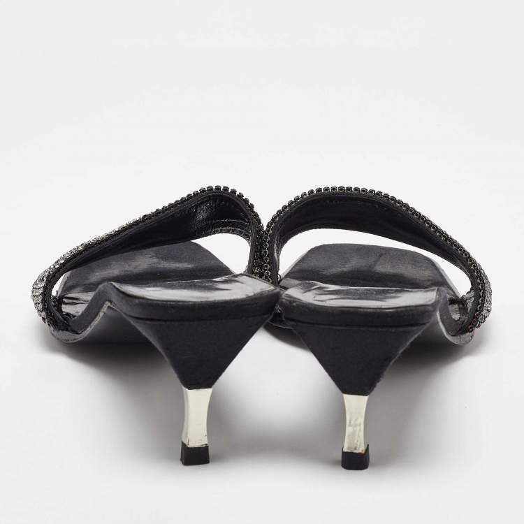 Pre Owned Gucci Black Fabric Crystal Embellished Slide Sandals Size 38.5