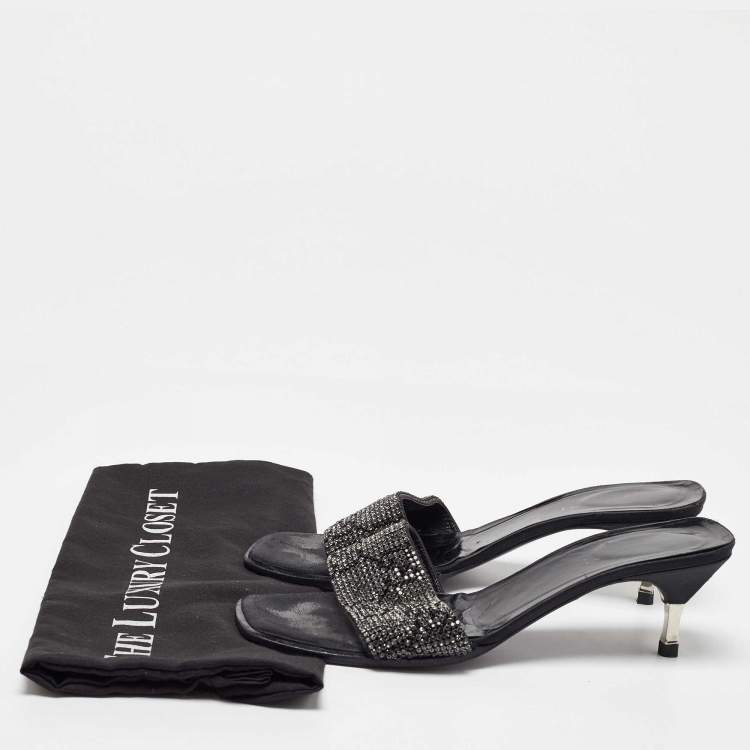 Pre Owned Gucci Black Fabric Crystal Embellished Slide Sandals Size 38.5