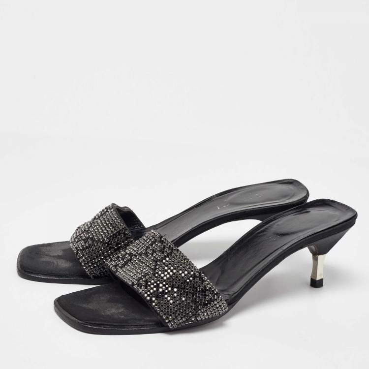 Pre Owned Gucci Black Fabric Crystal Embellished Slide Sandals Size 38.5