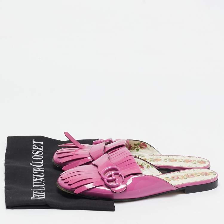 Pre Owned Gucci Purple Patent Leather GG Marmont Fringed Flat Mules Size 38.5