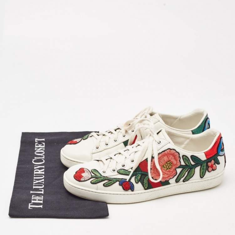Pre Owned Gucci White Leather Floral Embroidered Ace Low Top Sneakers Size 38.5