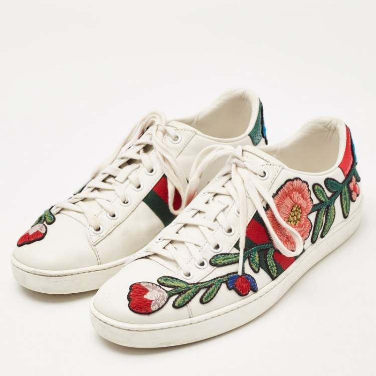 Pre Owned Gucci White Leather Floral Embroidered Ace Low Top Sneakers Size 38.5