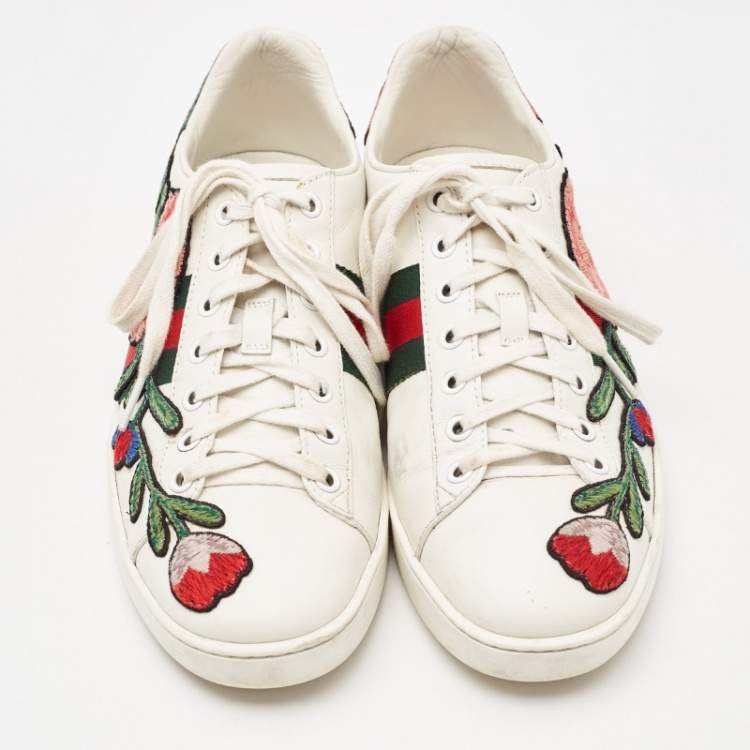 Pre Owned Gucci White Leather Floral Embroidered Ace Low Top Sneakers Size 38.5