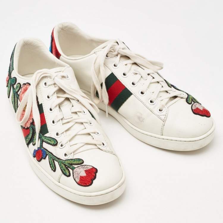 Pre Owned Gucci White Leather Floral Embroidered Ace Low Top Sneakers Size 38.5