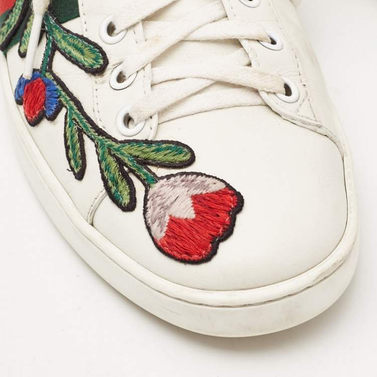Pre Owned Gucci White Leather Floral Embroidered Ace Low Top Sneakers Size 38.5