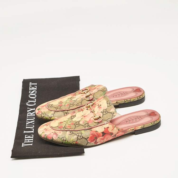 Pre Owned Gucci Beige/Brown GG Supreme Canvas Blooms Print Princetown Flat Mules Size 39
