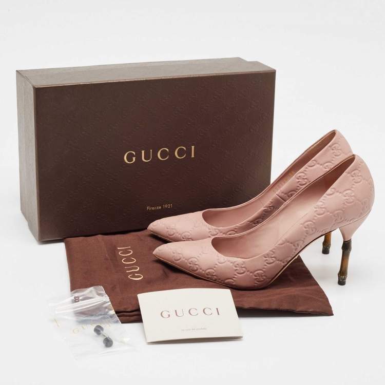 Pre Owned  Gucci Pale Pink Guccissima Leather Kristen Bamboo Heel Pointed Toe Pumps Size 38