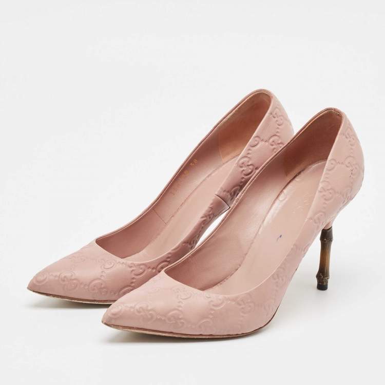Pre Owned  Gucci Pale Pink Guccissima Leather Kristen Bamboo Heel Pointed Toe Pumps Size 38