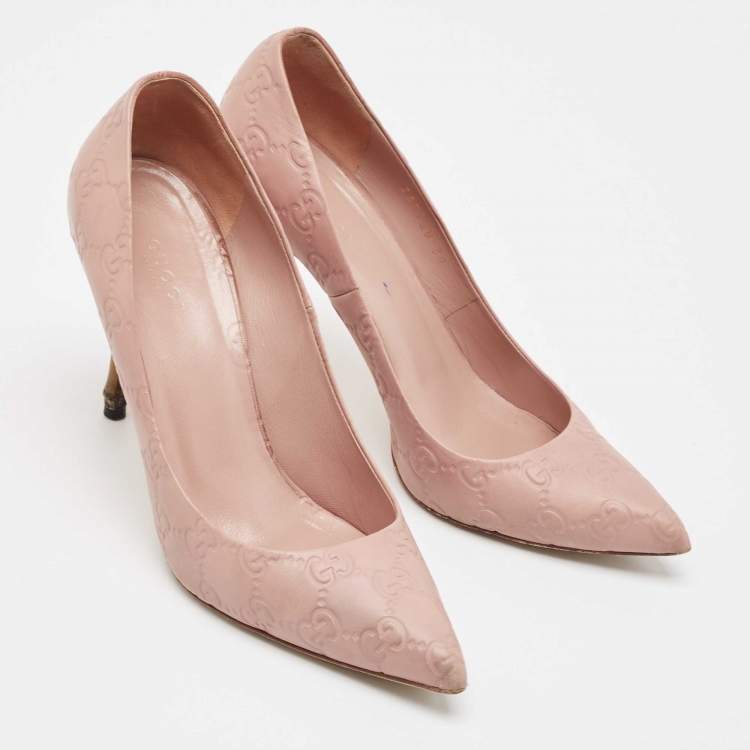 Pre Owned  Gucci Pale Pink Guccissima Leather Kristen Bamboo Heel Pointed Toe Pumps Size 38