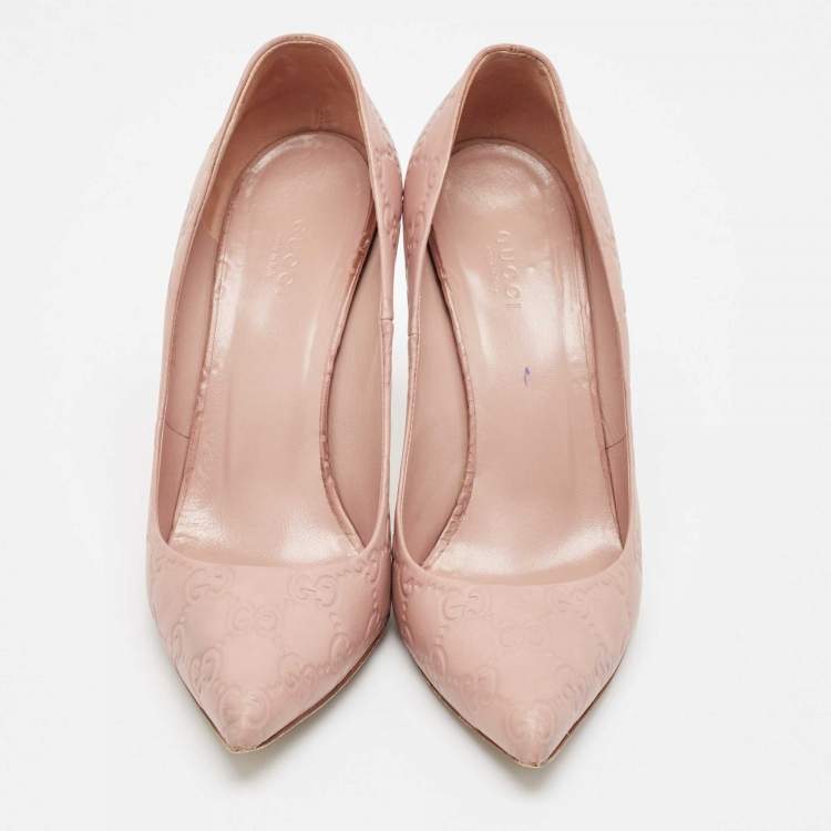 Pre Owned  Gucci Pale Pink Guccissima Leather Kristen Bamboo Heel Pointed Toe Pumps Size 38