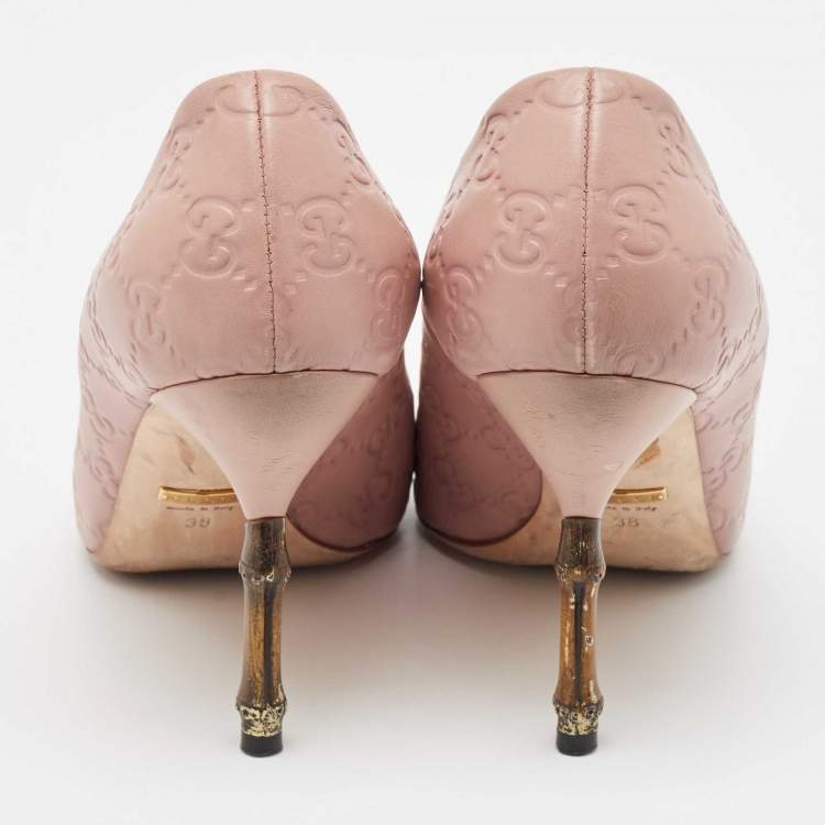 Pre Owned  Gucci Pale Pink Guccissima Leather Kristen Bamboo Heel Pointed Toe Pumps Size 38