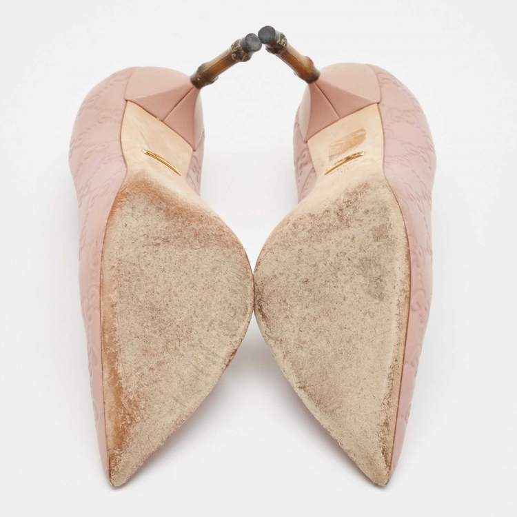 Pre Owned  Gucci Pale Pink Guccissima Leather Kristen Bamboo Heel Pointed Toe Pumps Size 38