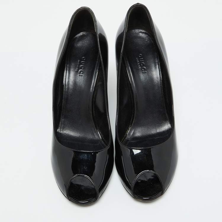 Pre Owned Gucci Black Patent Leather Interlocking G Peep Toe Wedge Pumps Size 40