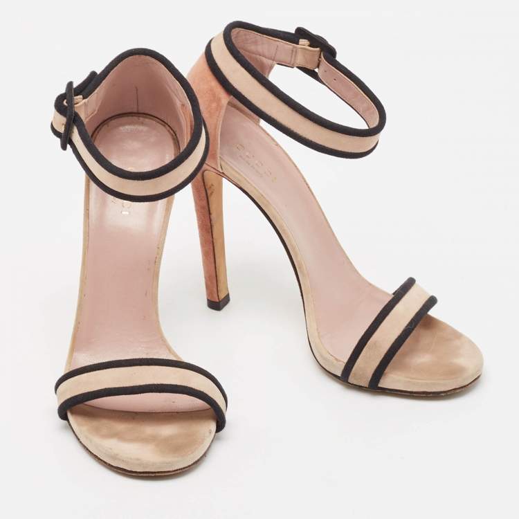 Pre Owned Gucci Beige/Black Suede Ankle Strap Sandals Size 38