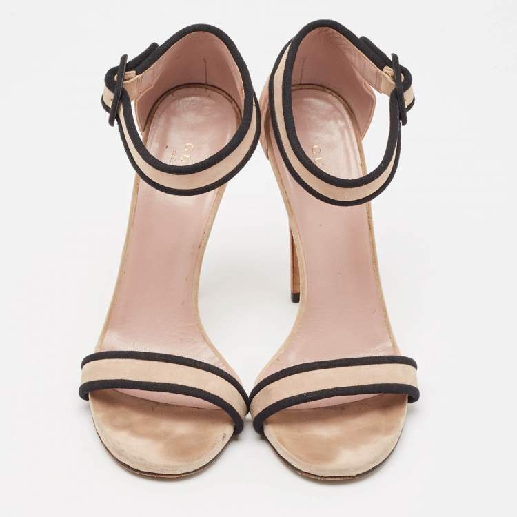 Pre Owned Gucci Beige/Black Suede Ankle Strap Sandals Size 38