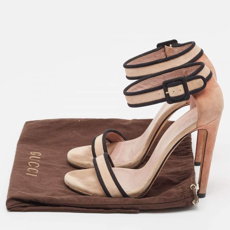 Pre Owned Gucci Beige/Black Suede Ankle Strap Sandals Size 38