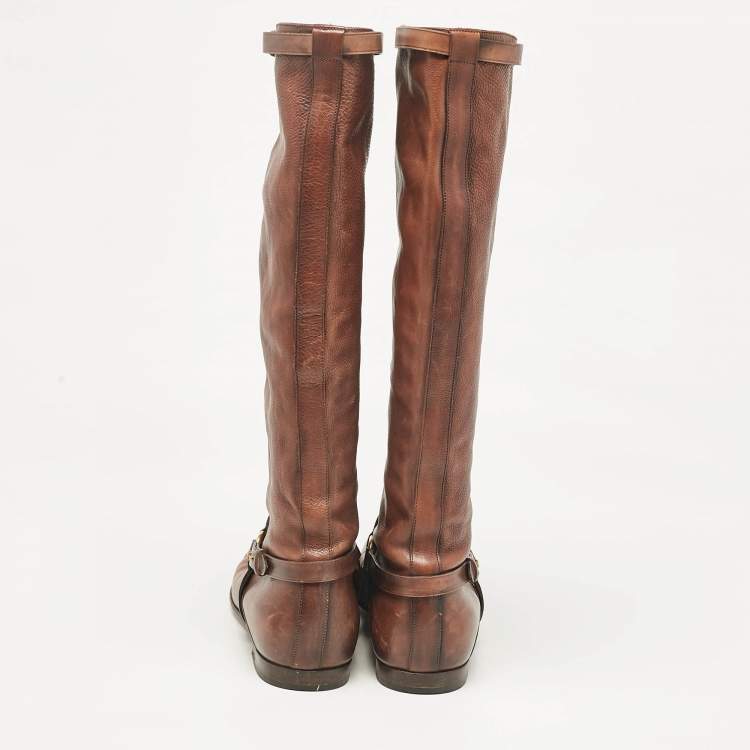 Pre Owned Gucci Brown Leather Knee Length Boots Size 39.5
