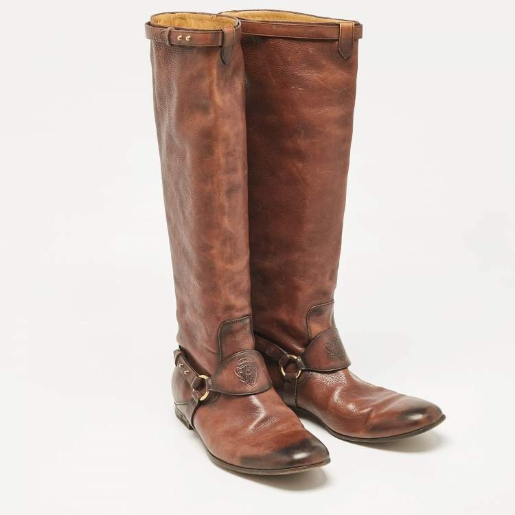 Pre Owned Gucci Brown Leather Knee Length Boots Size 39.5