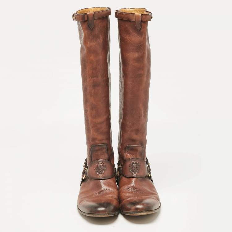 Pre Owned Gucci Brown Leather Knee Length Boots Size 39.5