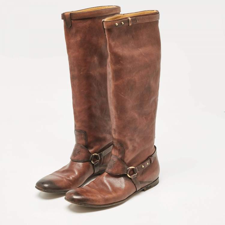 Pre Owned Gucci Brown Leather Knee Length Boots Size 39.5