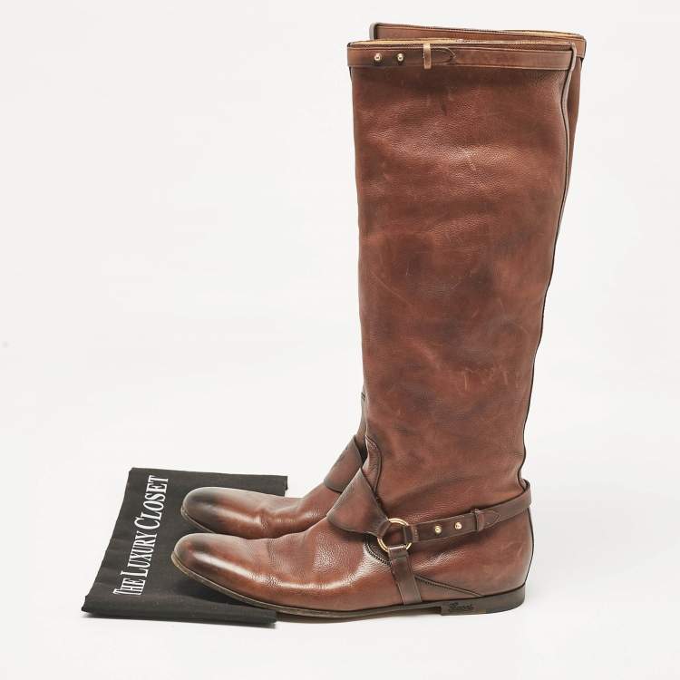 Pre Owned Gucci Brown Leather Knee Length Boots Size 39.5