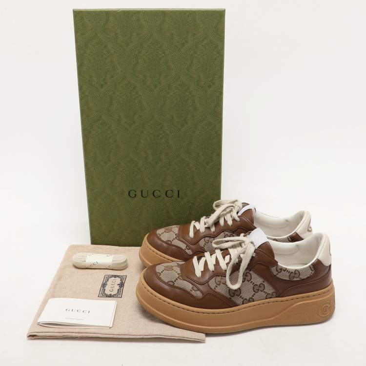 Pre Owned Gucci Beige/Brown Leather GG Canvas Trainers Sneakers Size 37