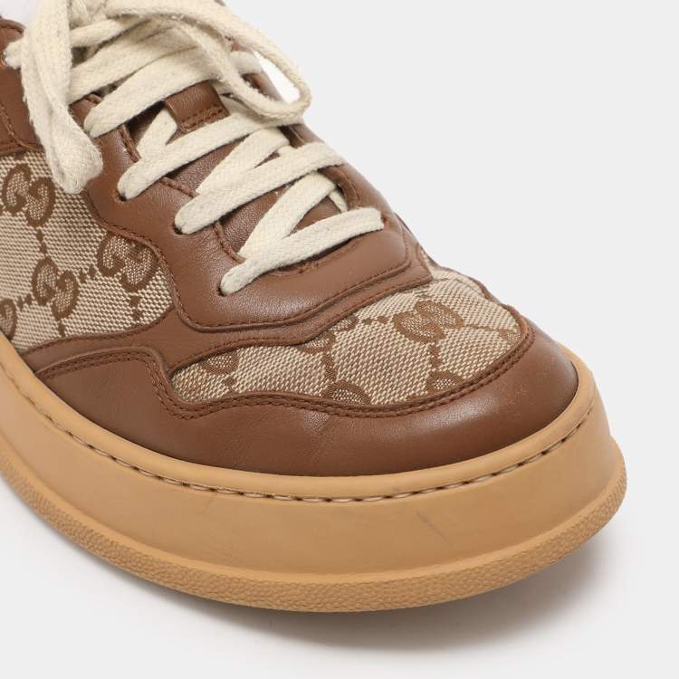Pre Owned Gucci Beige/Brown Leather GG Canvas Trainers Sneakers Size 37