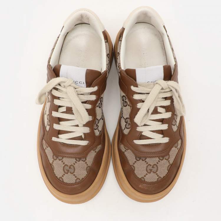Pre Owned Gucci Beige/Brown Leather GG Canvas Trainers Sneakers Size 37